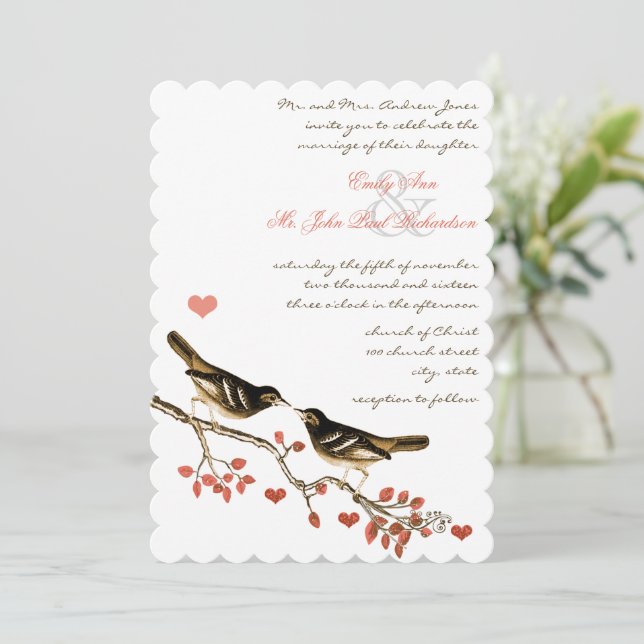 Invitación Glamour Lovebird Coral encantado Boda forestal (Anverso de pie)