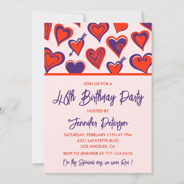 Invitación Glamour Moderno Corazón Rosa Rojo Cumpleaños 46 (Anverso)