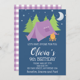 Invitación Glamour Morple plaid Camping Sleepover cumpleaños
