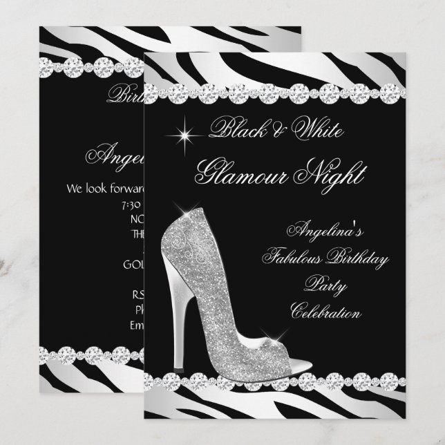 Invitación Glamour negro blanco noche zebra talón Purpurina (Anverso / Reverso)