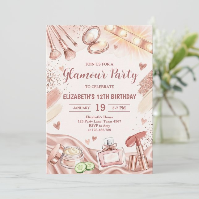 Invitación Glamour Party Glitz Glam Spa Girl Makeup Birthday (Anverso de pie)