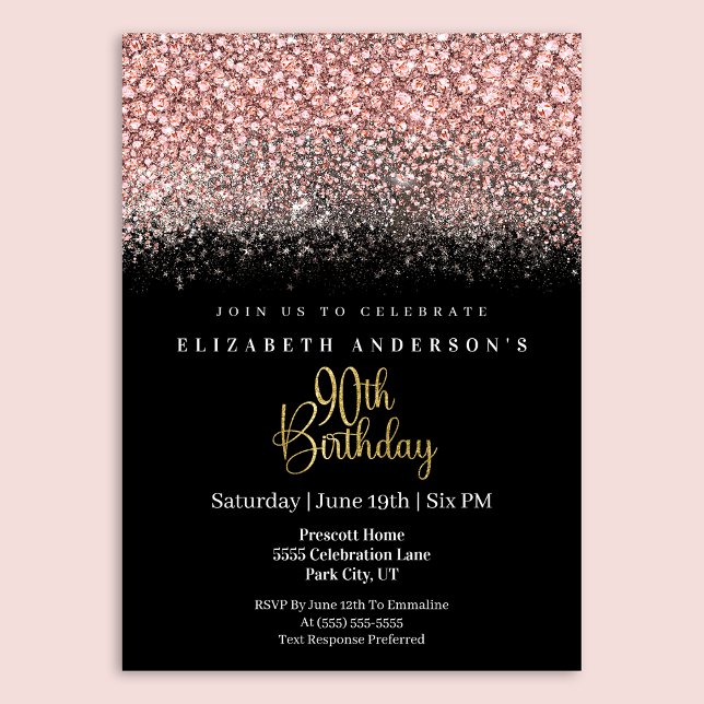Invitación Glamour Pink Jeweled Glitter 90th Birthday (Subido por el creador)