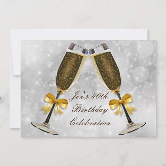 Invitación Glamour plateado de champán fiesta de 40 años (Anverso)