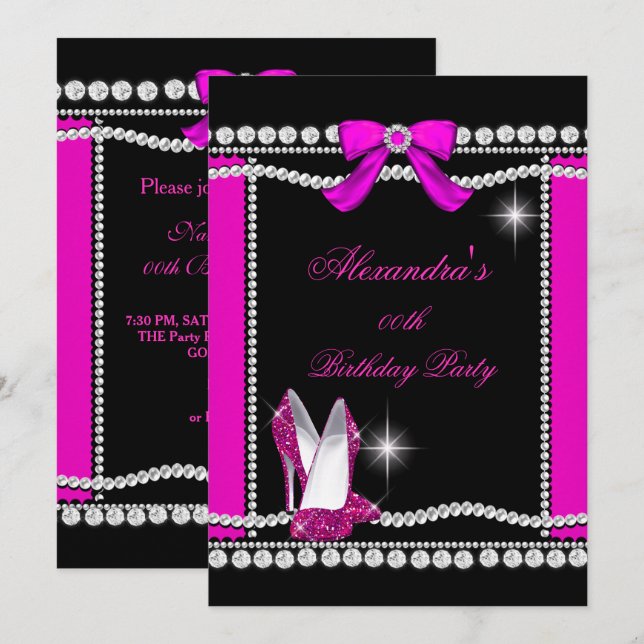 Invitación Glamour purpurina Black Hot Pink High Heels Cumple (Anverso / Reverso)