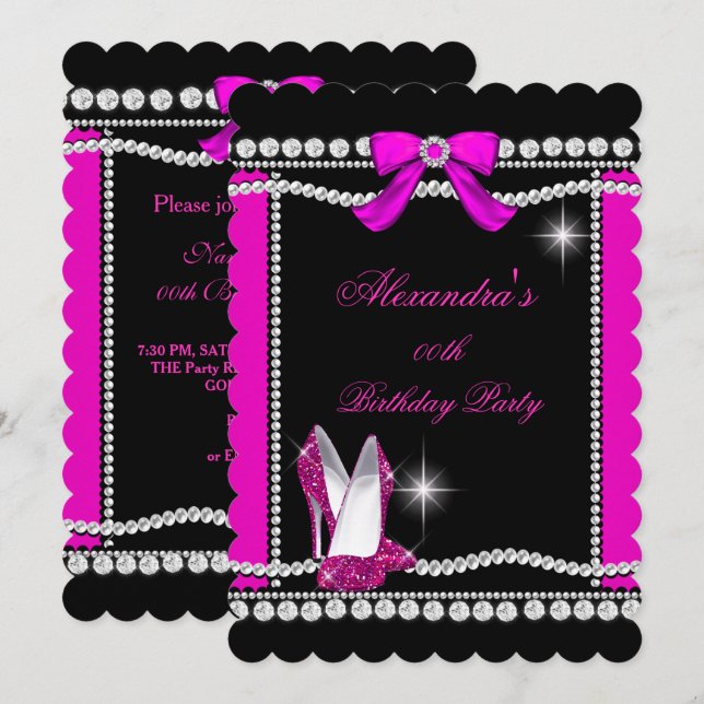 Invitación Glamour purpurina Black Hot Pink High Heels Cumple (Anverso / Reverso)
