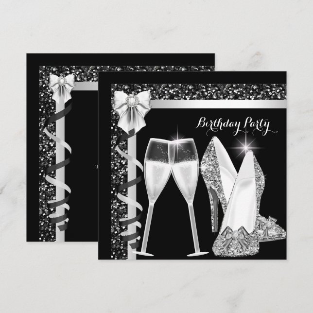 Invitación Glamour purpurina Hi Heels Plateada Champán negro  (Anverso / Reverso)