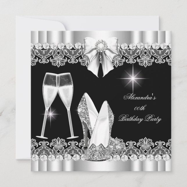 Invitación Glamour purpurina Hi Heels Silver Black Champagne (Anverso)