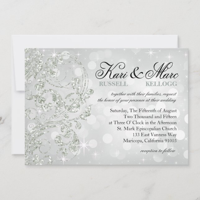 Invitación Glamour Purpurina Luxe Bokeh Boda | hielo plateado (Anverso)