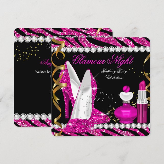Invitación Glamour purpurina noche cebra Oro rosa profundo ne (Anverso / Reverso)