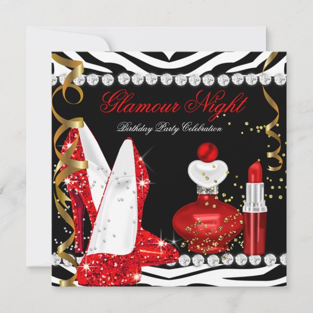 Invitación Glamour purpurina Noche Oro Rojo Cebra Negra (Anverso)