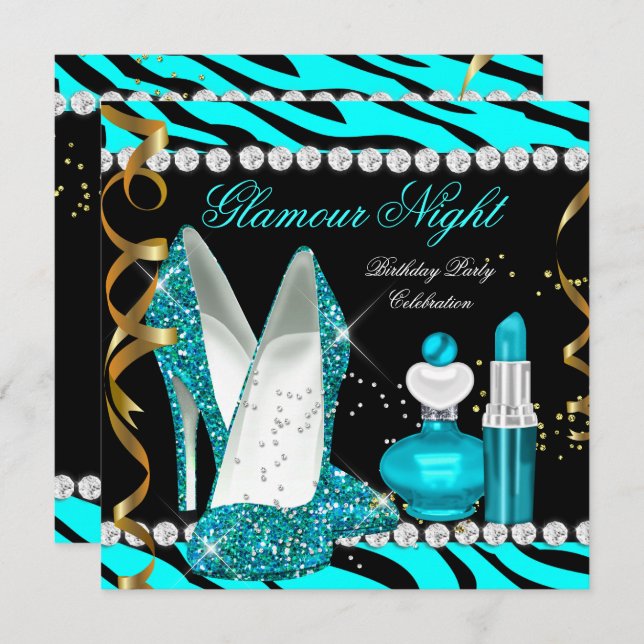 Invitación Glamour purpurina Noche Verde azulado Oro Azul Ceb (Anverso / Reverso)