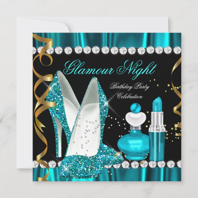 Invitación Glamour purpurina Noche Verde azulado Oro Azul Fie (Anverso)