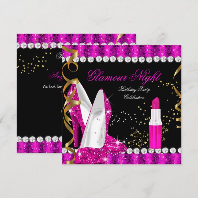 Invitación Glamour purpurina Oro rosado caliente Cumpleaños n (Anverso / Reverso)