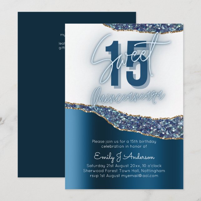 Invitación Glamour Relieve metalizado plateado azul Purpurina (Anverso / Reverso)