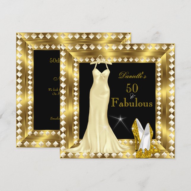 Invitación Glamour retro Hollywood Fabulous 50 Gold Deco 3 (Anverso / Reverso)
