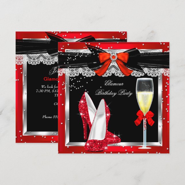 Invitación Glamour Rojo Purpurinas Heels Plata Champagne Fies (Anverso / Reverso)