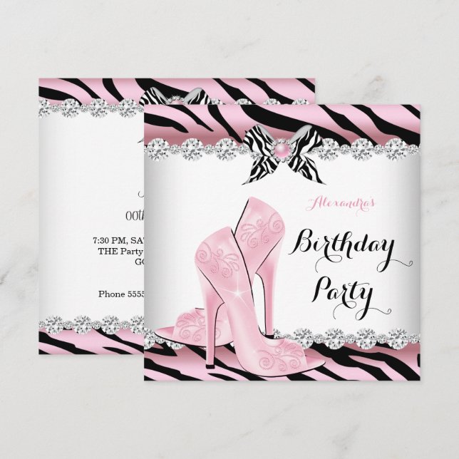 Invitación Glamour rosa cebra de tacones altos Fiesta de cump (Anverso / Reverso)