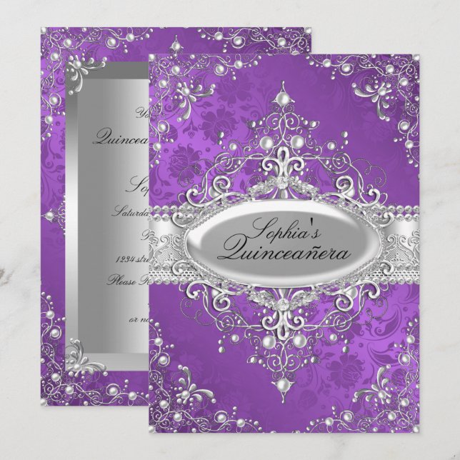 Invitación Glamour vintage de la púrpura perla Quinceanera (Anverso / Reverso)