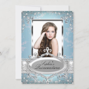 Invitación Glamour vintage floral de plata azul Quinceanera