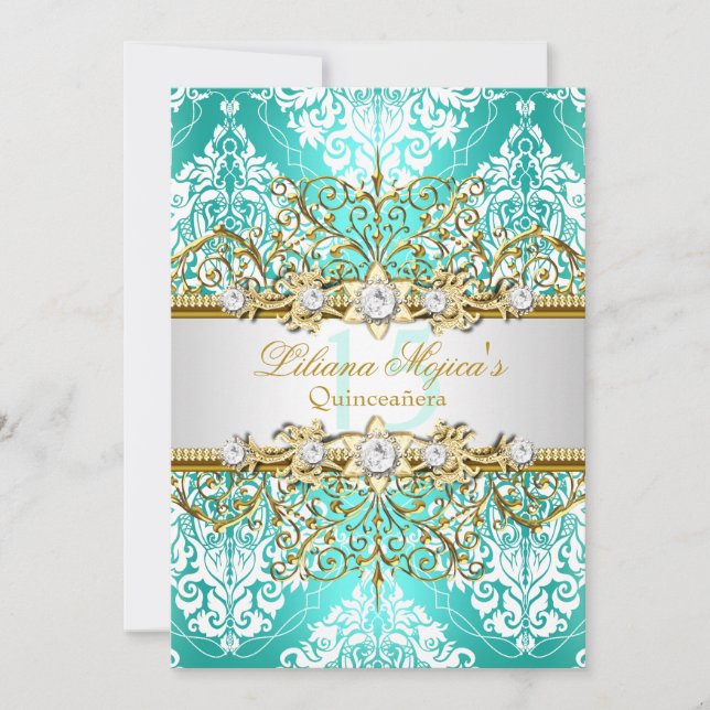 Invitación Glamour vintage Verde azulado de bonito Quinceaner (Anverso)