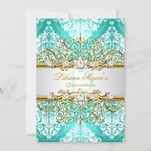 Invitación Glamour vintage Verde azulado de bonito Quinceaner