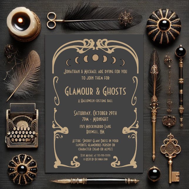 Invitación Glamour y fantasmas Art Decó Oro y Halloween Negro (Subido por el creador)