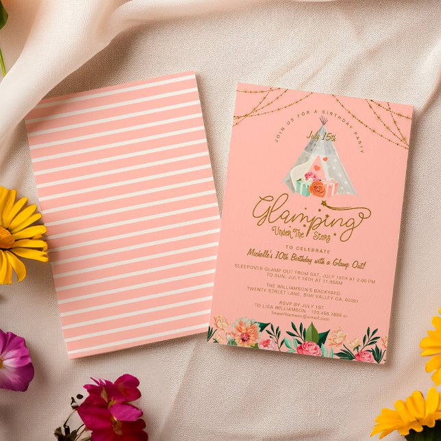 Invitación Glamping bajo las estrellas Tope Camping rosa y or (Glamping Under the Stars Tepee Pink & Gold Camping Invitation)