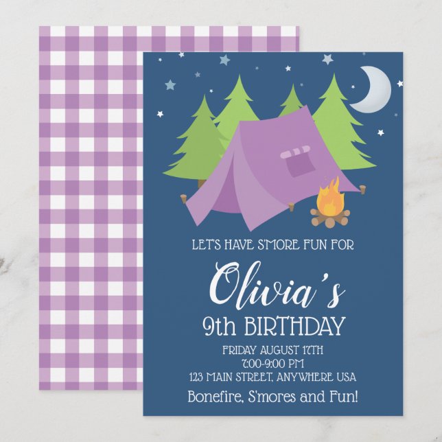Invitación Glamping Cuadrillé morado Cumpleaños de acampada n (Anverso / Reverso)
