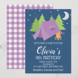 Invitación Glamping Cuadrillé morado Cumpleaños de acampada n