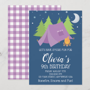 Invitación Glamping Cuadrillé morado Cumpleaños de acampada n