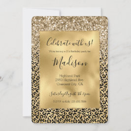 Invitación Glamur Purpurina de impresión de leopardo dorado