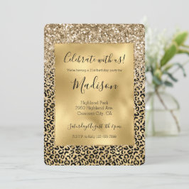 Invitación Glamur Purpurina de impresión de leopardo dorado