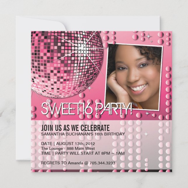 Invitación Glamurosa a Sweet Sixteen con Bola de D (Anverso)
