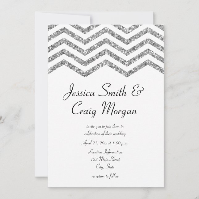 Invitación Glamurosa Boda Chevron con Brillo de Plata Falsa (Anverso)