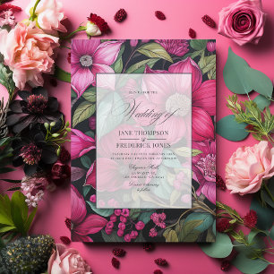 Invitación Glamurosa fucsia, verde esmeralda y floral negra