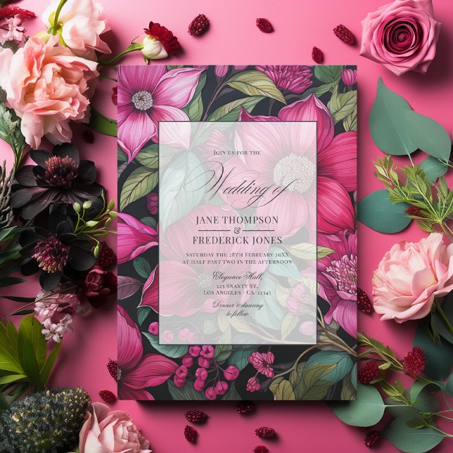 Invitación Glamurosa fucsia, verde esmeralda y floral negra (Glamorous Fuchsia, Emerald Green and Black Floral Wedding Invitation)