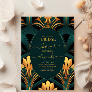 Invitación Glamurosa novia verde y oro Art Deco