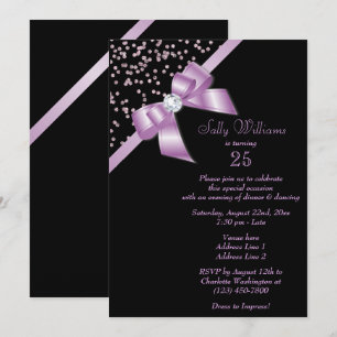 Invitación Glamuroso Confeti Lila y Lazo de Joyas Cumpleaños