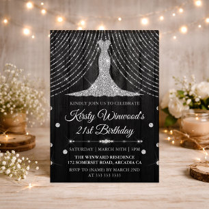 Invitación Glamuroso Cumpleaños 21 con Rhinestone Negro y Pla