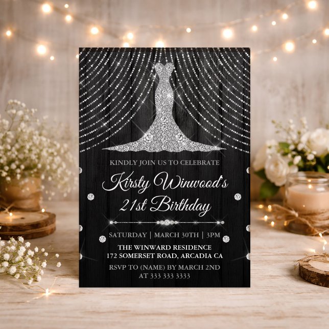 Invitación Glamuroso Cumpleaños 21 con Rhinestone Negro y Pla (Subido por el creador)