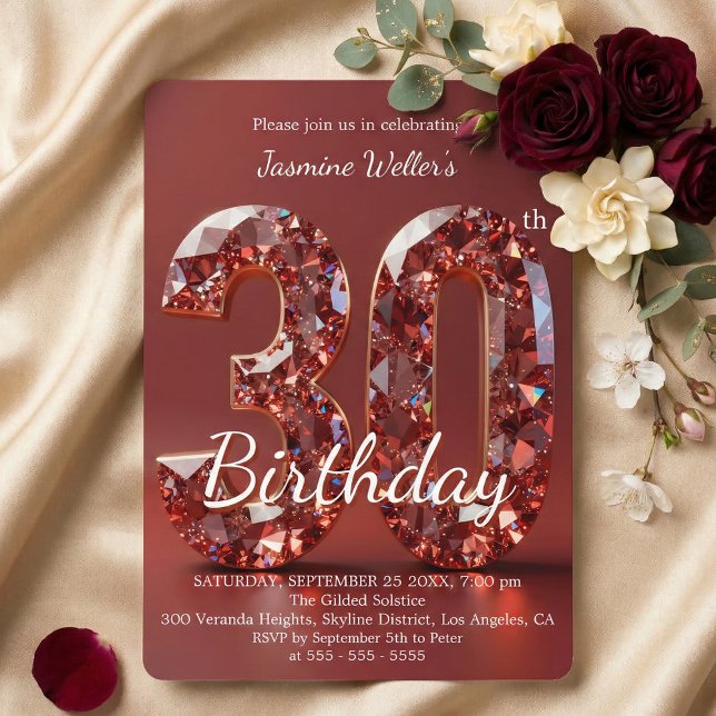 Invitación Glamuroso Cumpleaños 30 Ruby Red Diamond (Subido por el creador)