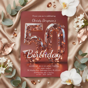 Invitación Glamuroso Cumpleaños 50 de Diamante Rojo Borgoña
