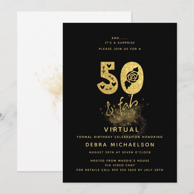 Invitación Glamuroso Cumpleaños Virtual 50 & Fab en Negro y D (Anverso / Reverso)