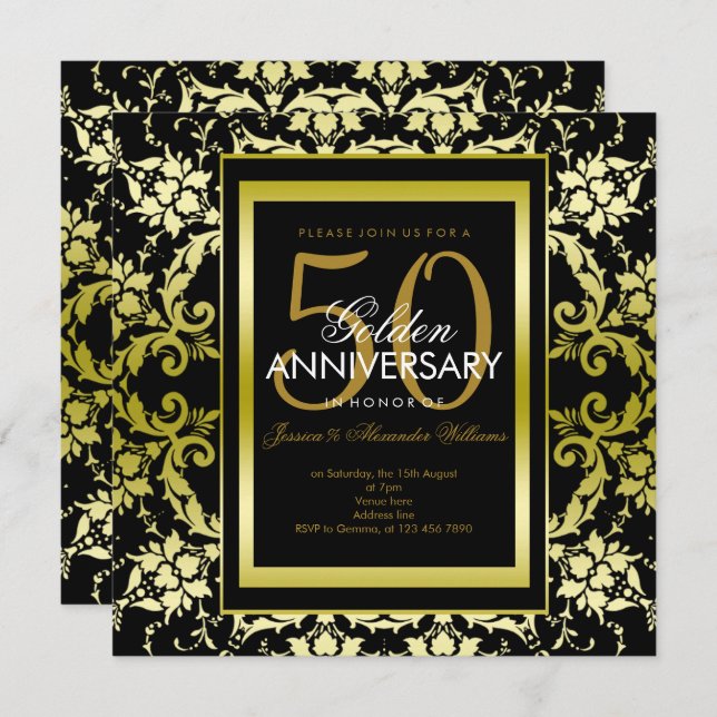Invitación Glamuroso Oro Damask 50º Aniversario de Boda (Anverso / Reverso)