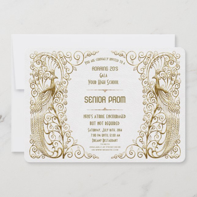 Invitación Glamuroso White Gold Art Deco Peacock Senior Prom (Anverso)