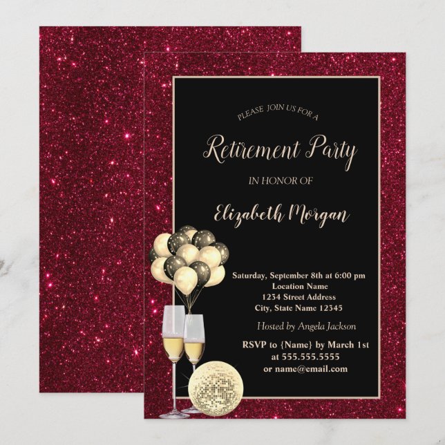 Invitación Glas de oro, balones, jubilación de Purpurina rojo (Anverso / Reverso)
