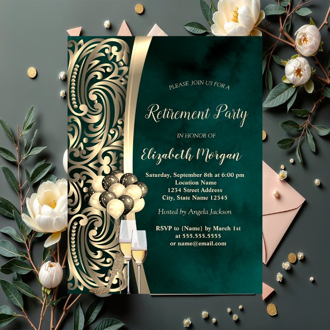 Invitación Glas De Swirls De Oro,Jubilación Verde De Tacones  (Subido por el creador)