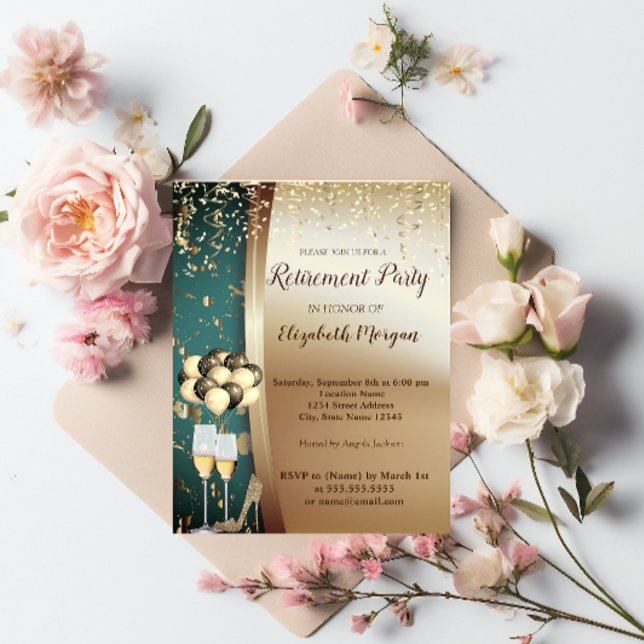 Invitación Glas de vino de oro, talones altos, Fiesta de jubi (Subido por el creador)