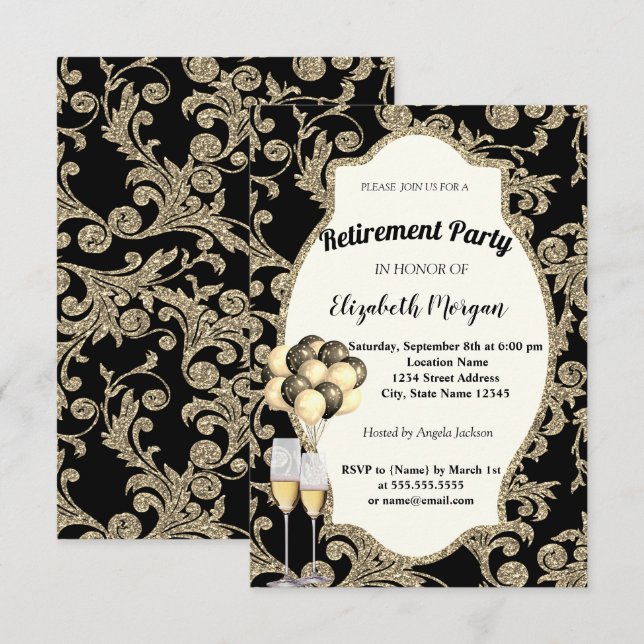 Invitación Glas de vino de Swirls Gold, Ballons, Fiesta de Ju (Anverso / Reverso)