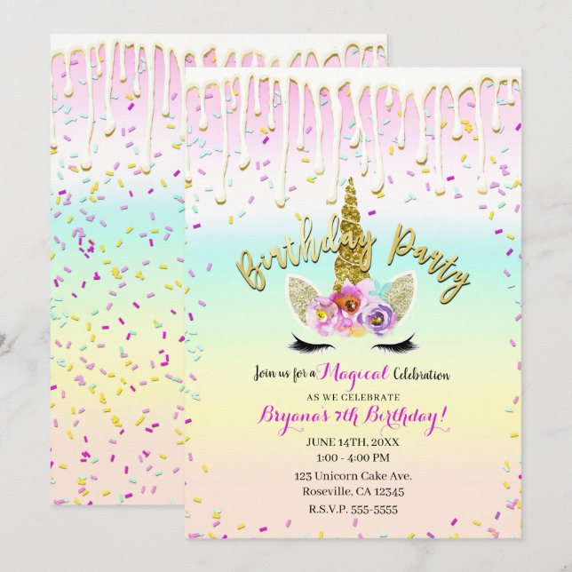 Invitación Glaseado de Arcoíris Pastel de Unicornio para Cump (Anverso / Reverso)